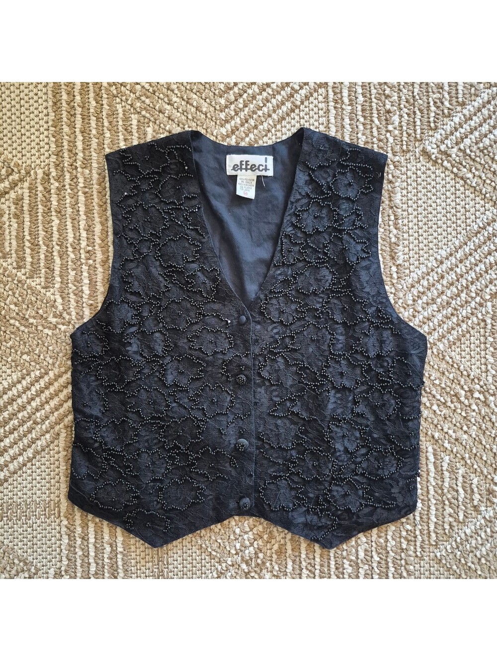 Vintage 90's Black Beaded Lace Floral Vest Goth Coquette Grunge Whimsigoth M